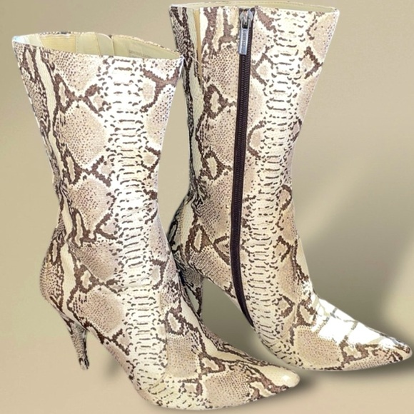 COLIN STEWART Leather Snake Embossed Calf High Boots Cream Tan Brown Size 9 - Picture 1 of 12
